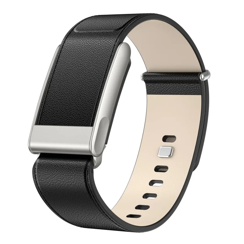 Strapion black leather band with stainless steel button buckle, compatible with WHOOP 5.0 and MG