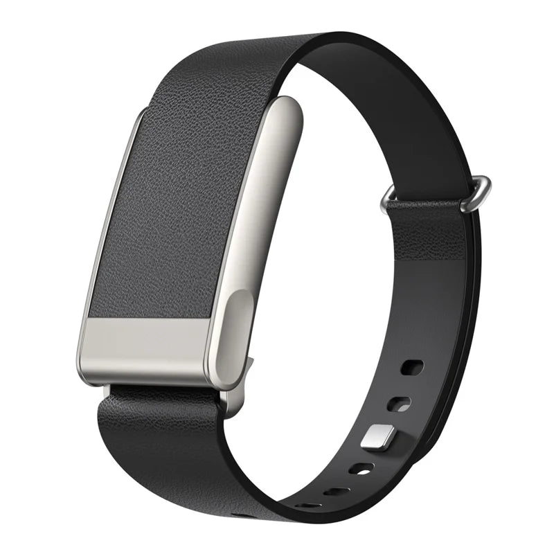 Strapion black leather band with brushed stainless steel buckle, compatible with WHOOP MG
