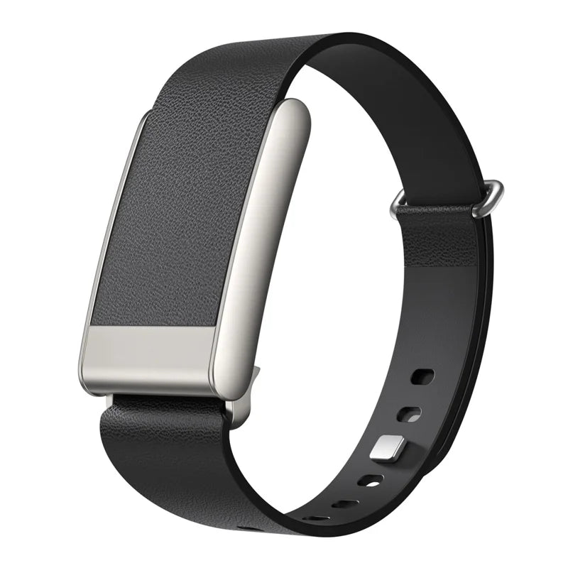Strapion black leather band with brushed stainless steel buckle, compatible with WHOOP 5.0