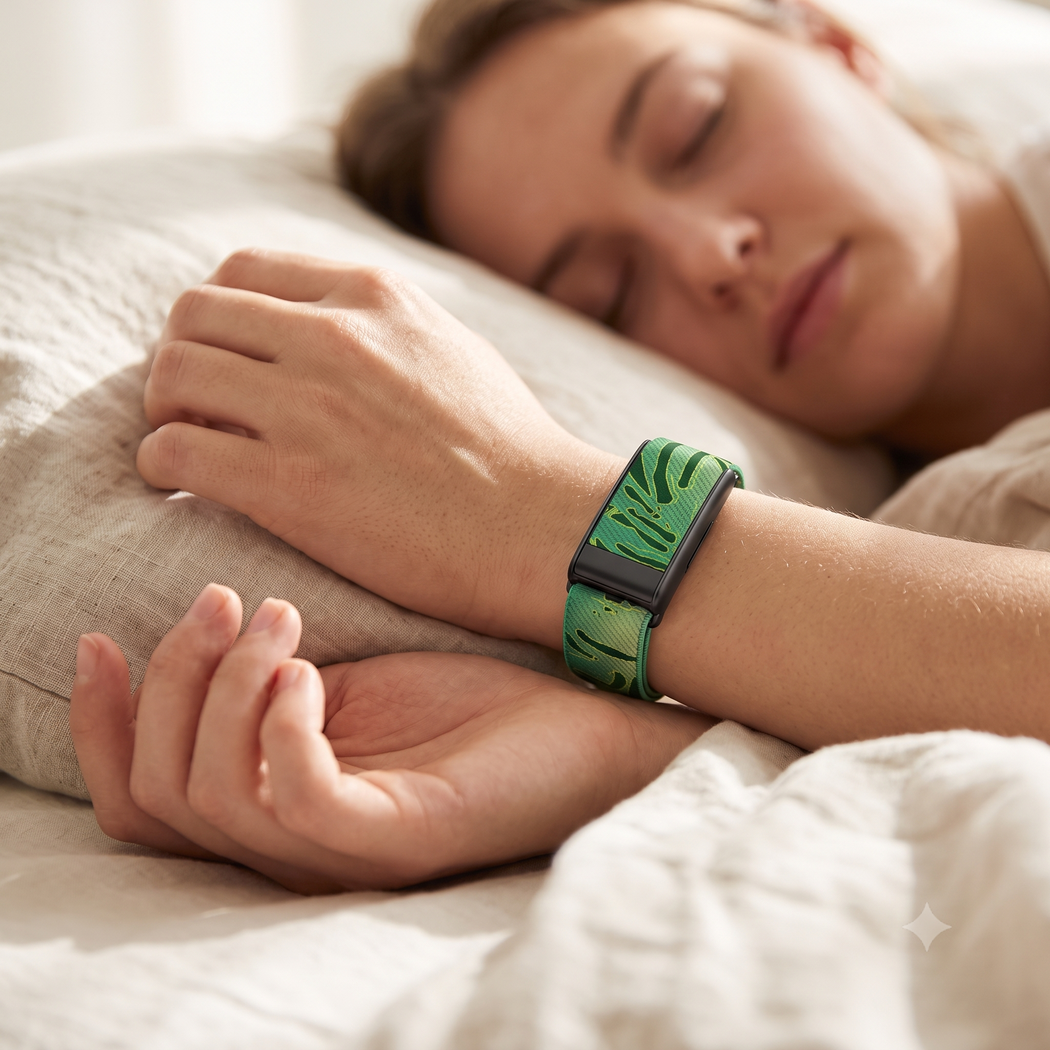 Mujer durmiendo con correa Strapion camuflaje verde