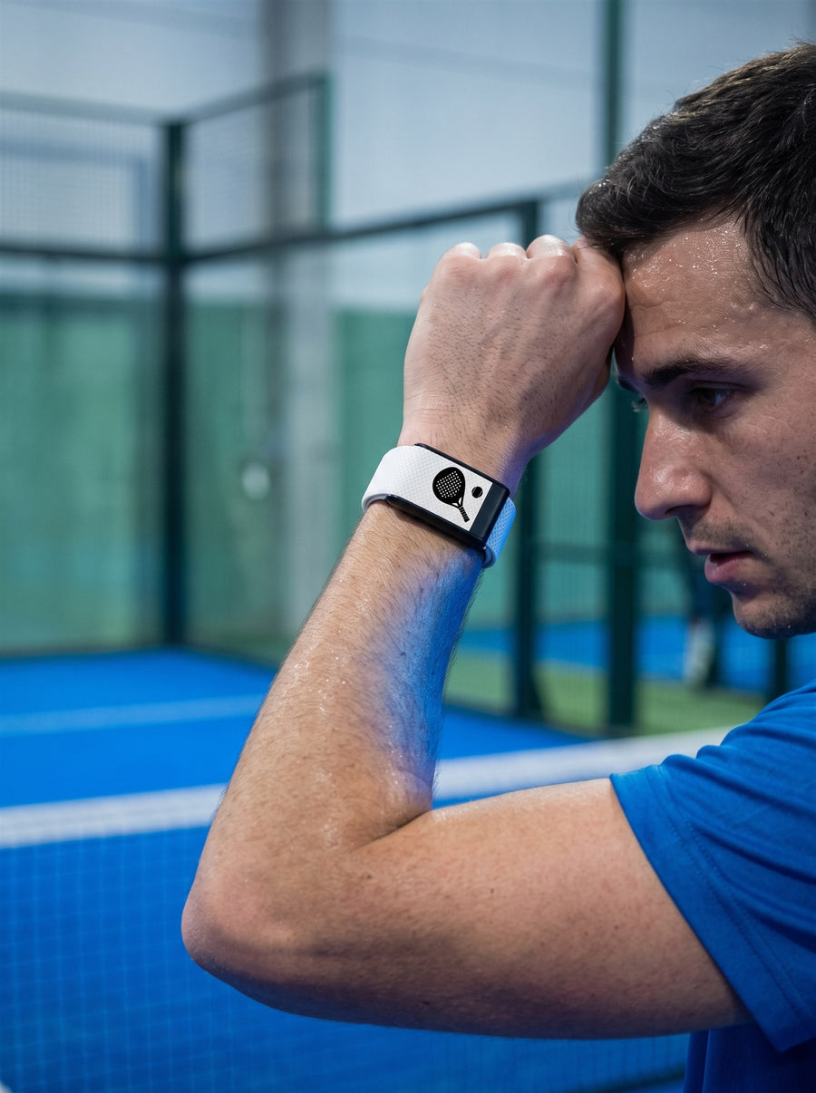 Padel player resting between points wearing a Strapion WHOOP band