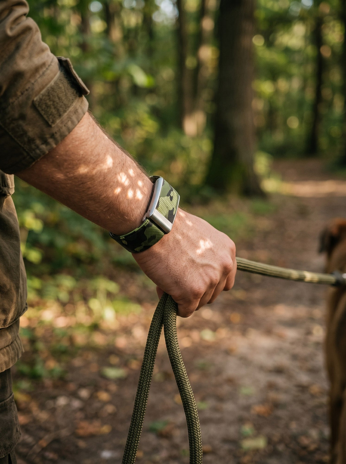 Walking through woodland with a camo Strapion WHOOP band