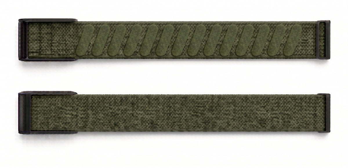 Strapion Moss Green nylon band for WHOOP 5.0, shown unfastened from both sides