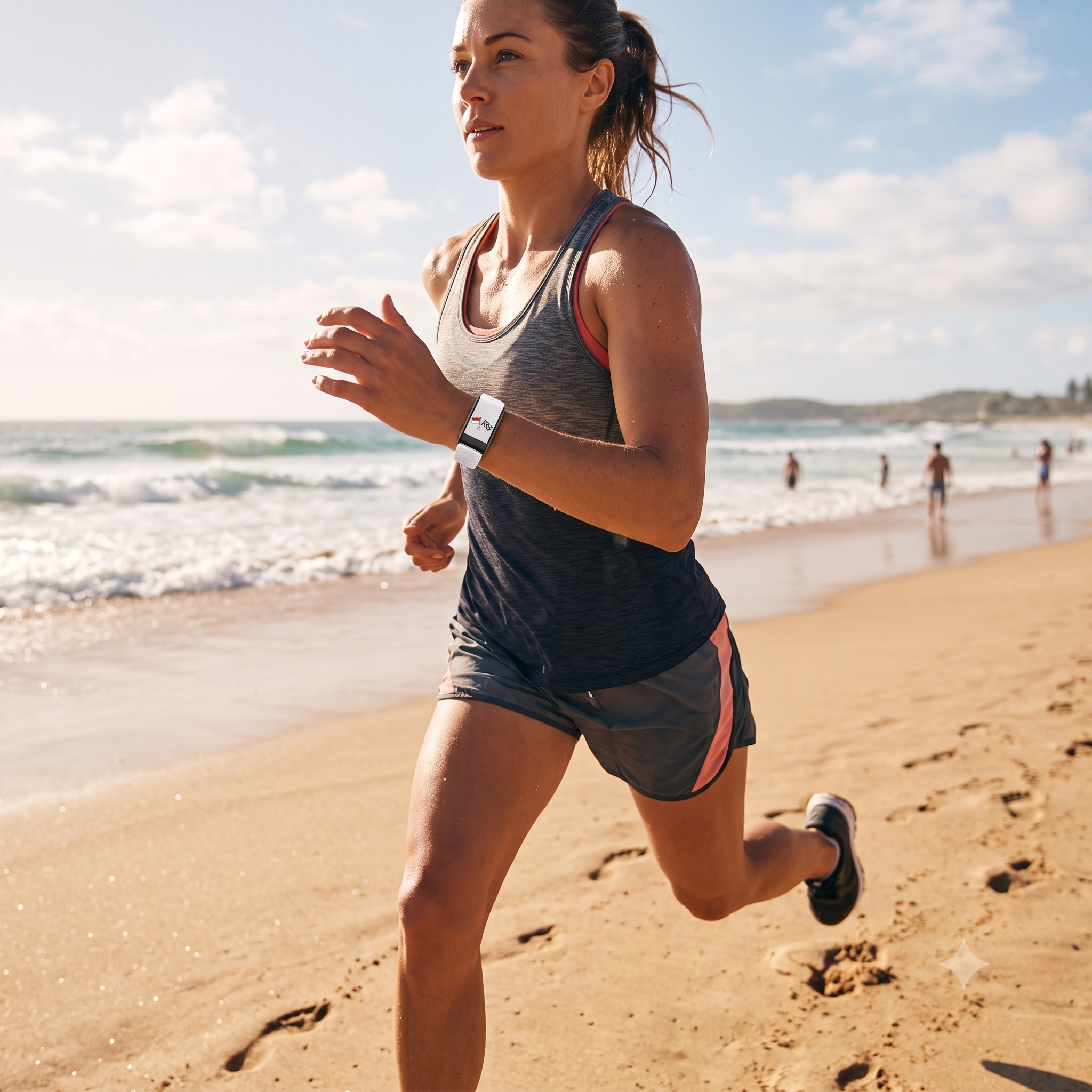 Mujer corriendo en la playa con correa Strapion
